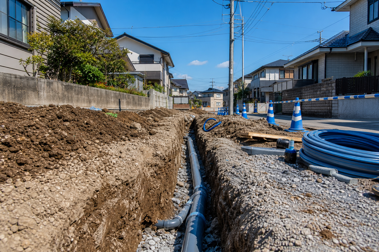 配管工事の作業現場